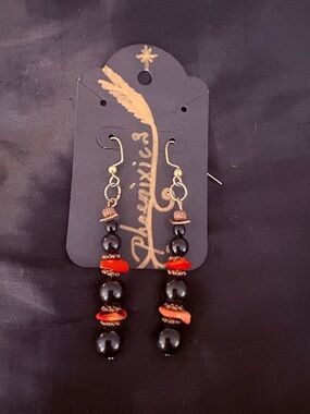 Obsidian and Coral Dangle Earrings by Phoenixic3